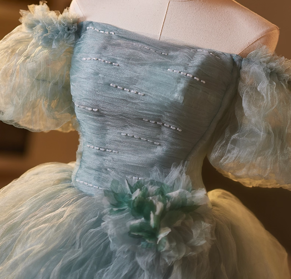 Cute Off-Shoulder A-Line Ruffled Tulle Sweet 16th Dresses Handmade Flowers Beads Prom Dress AP5107