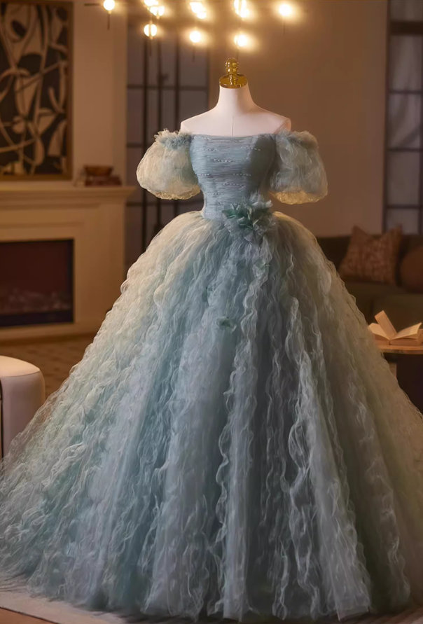 Cute Off-Shoulder A-Line Ruffled Tulle Sweet 16th Dresses Handmade Flowers Beads Prom Dress AP5107