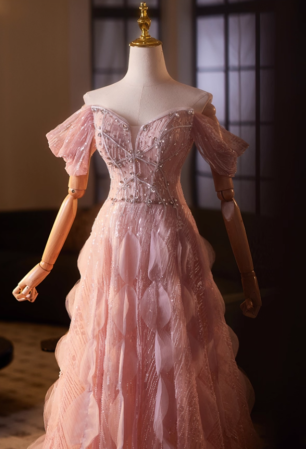 Vintage Off-Shoulder A-Line Pink Tulle Sweet 16th Dresses Crystals Sequins Beading Prom Dress AP5108