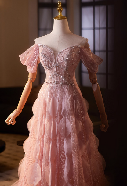 Vintage Off-Shoulder A-Line Pink Tulle Sweet 16th Dresses Crystals Sequins Beading Prom Dress AP5108