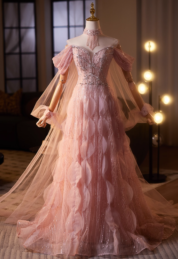 Vintage Off-Shoulder A-Line Pink Tulle Sweet 16th Dresses Crystals Sequins Beading Prom Dress AP5108