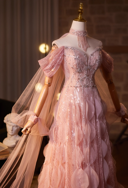 Vintage Off-Shoulder A-Line Pink Tulle Sweet 16th Dresses Crystals Sequins Beading Prom Dress AP5108