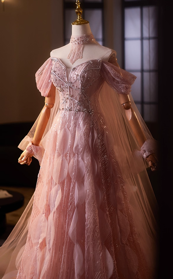 Vintage Off-Shoulder A-Line Pink Tulle Sweet 16th Dresses Crystals Sequins Beading Prom Dress AP5108