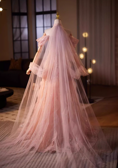 Vintage Off-Shoulder A-Line Pink Tulle Sweet 16th Dresses Crystals Sequins Beading Prom Dress AP5108