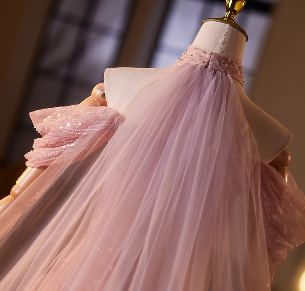 Vintage Off-Shoulder A-Line Pink Tulle Sweet 16th Dresses Crystals Sequins Beading Prom Dress AP5108