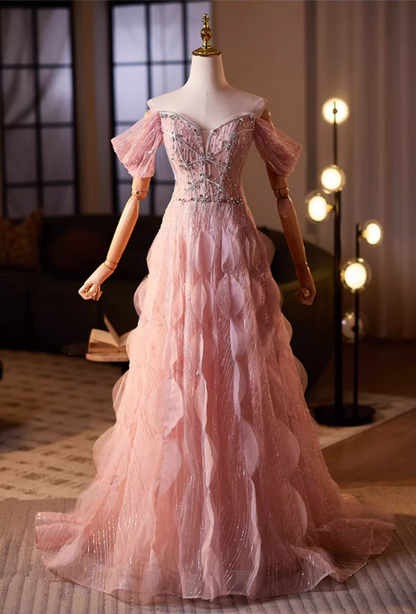 Vintage Off-Shoulder A-Line Pink Tulle Sweet 16th Dresses Crystals Sequins Beading Prom Dress AP5108