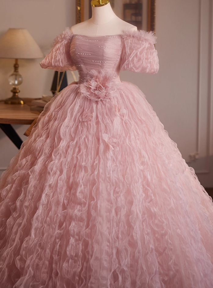 Artistic Off-Shoulder Pink Tulle A-Line Sweet 16th Dresses Beads Handmade Flowers Prom Dress AP5109