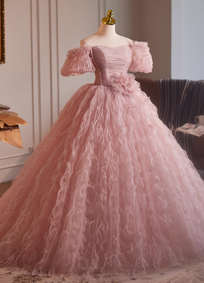 Artistic Off-Shoulder Pink Tulle A-Line Sweet 16th Dresses Beads Handmade Flowers Prom Dress AP5109