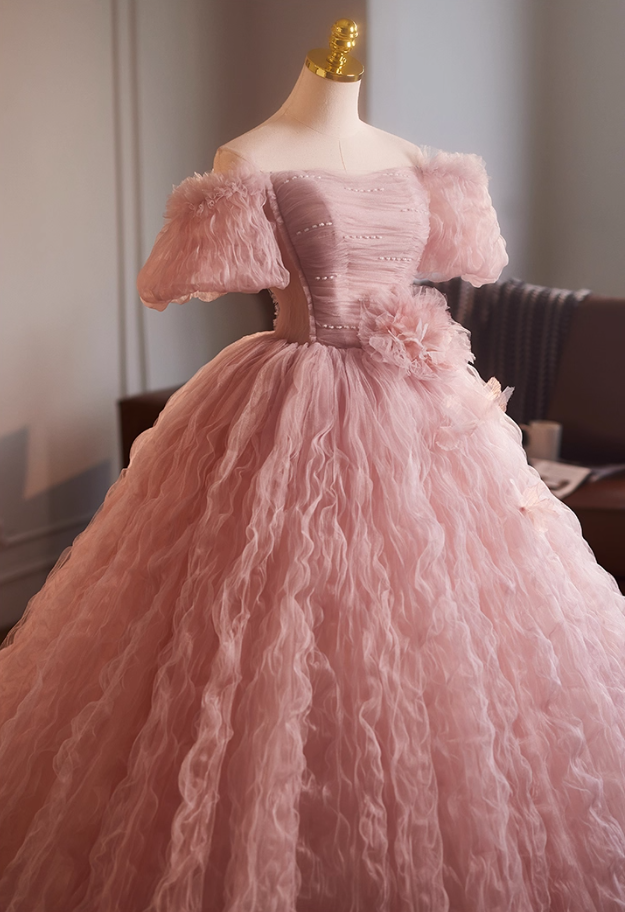 Artistic Off-Shoulder Pink Tulle A-Line Sweet 16th Dresses Beads Handmade Flowers Prom Dress AP5109