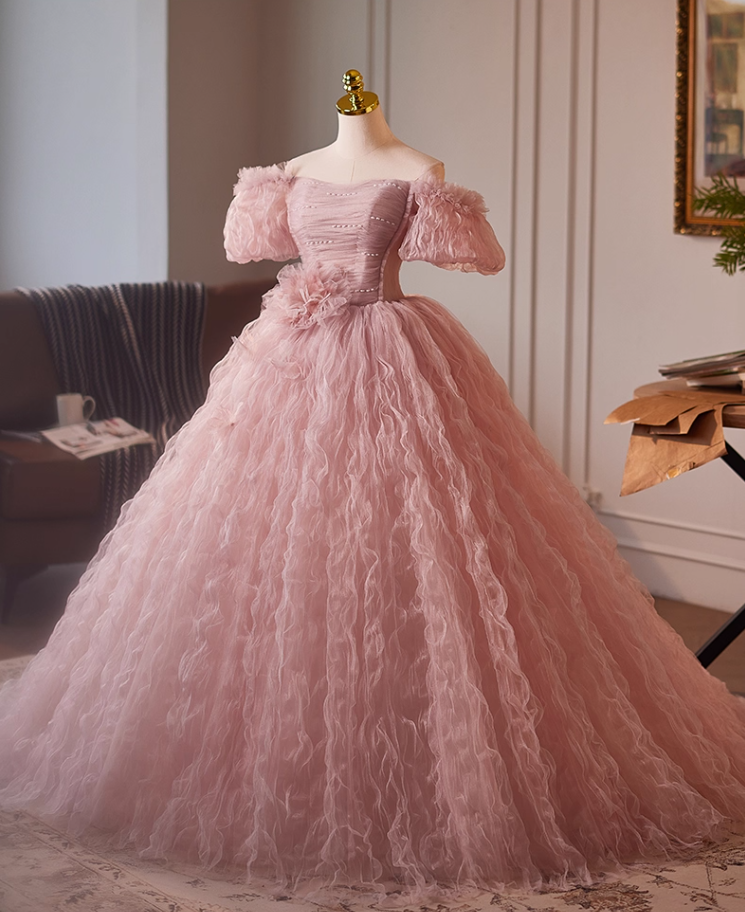 Artistic Off-Shoulder Pink Tulle A-Line Sweet 16th Dresses Beads Handmade Flowers Prom Dress AP5109