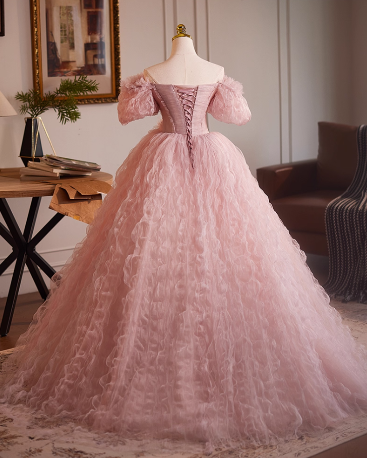 Artistic Off-Shoulder Pink Tulle A-Line Sweet 16th Dresses Beads Handmade Flowers Prom Dress AP5109