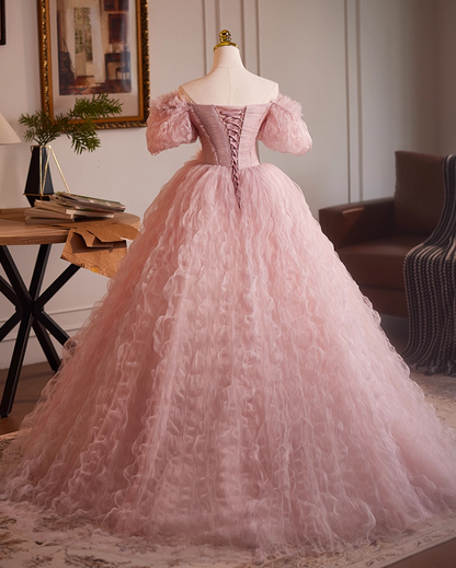 Artistic Off-Shoulder Pink Tulle A-Line Sweet 16th Dresses Beads Handmade Flowers Prom Dress AP5109