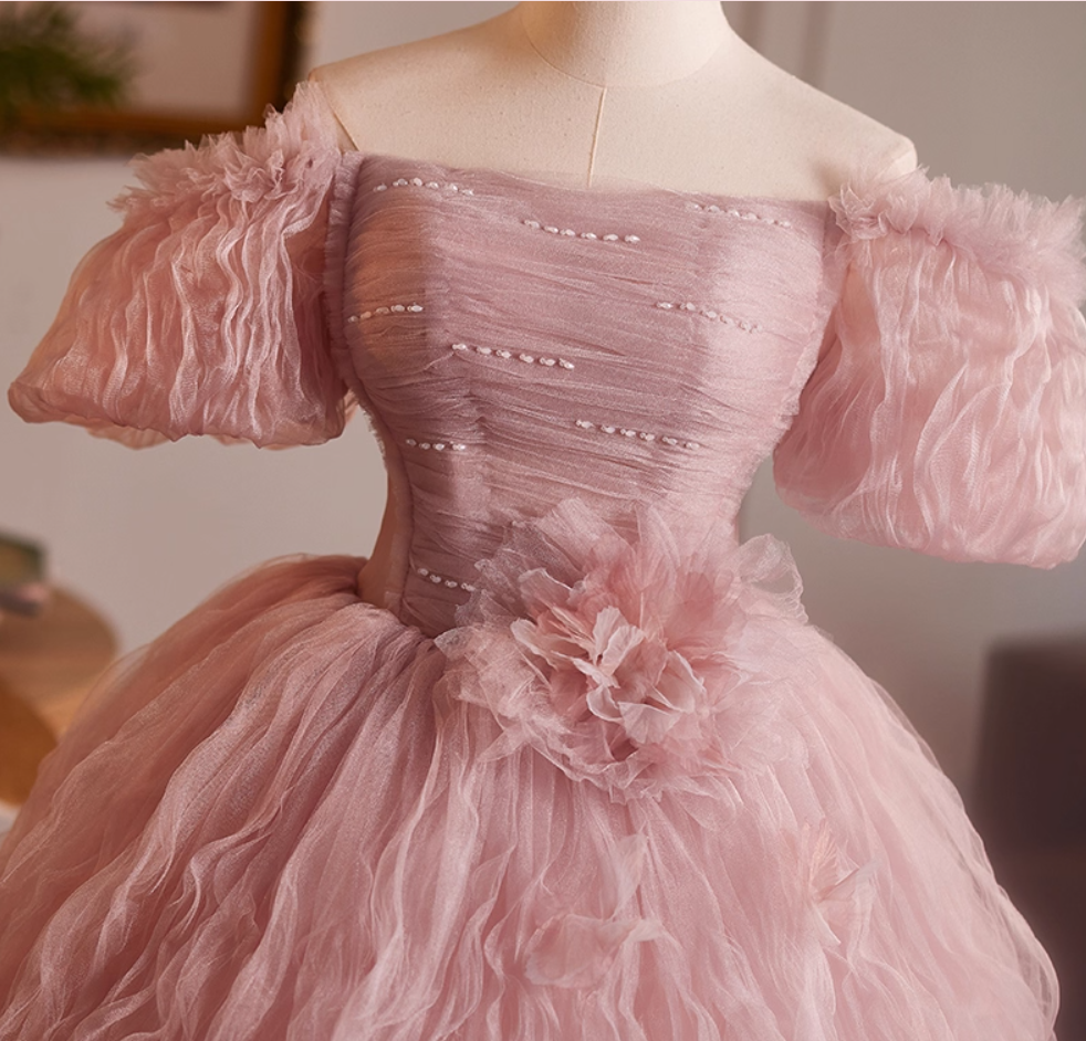Artistic Off-Shoulder Pink Tulle A-Line Sweet 16th Dresses Beads Handmade Flowers Prom Dress AP5109