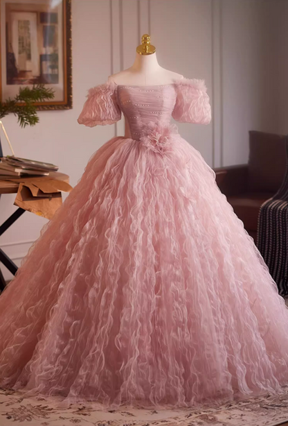 Artistic Off-Shoulder Pink Tulle A-Line Sweet 16th Dresses Beads Handmade Flowers Prom Dress AP5109