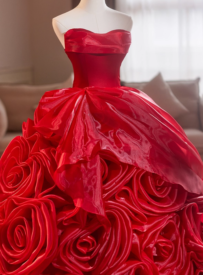 Ethereal Strapless A-Line Red Sweet 16th Gowns Handmade Flowers Prom Dress AP5111