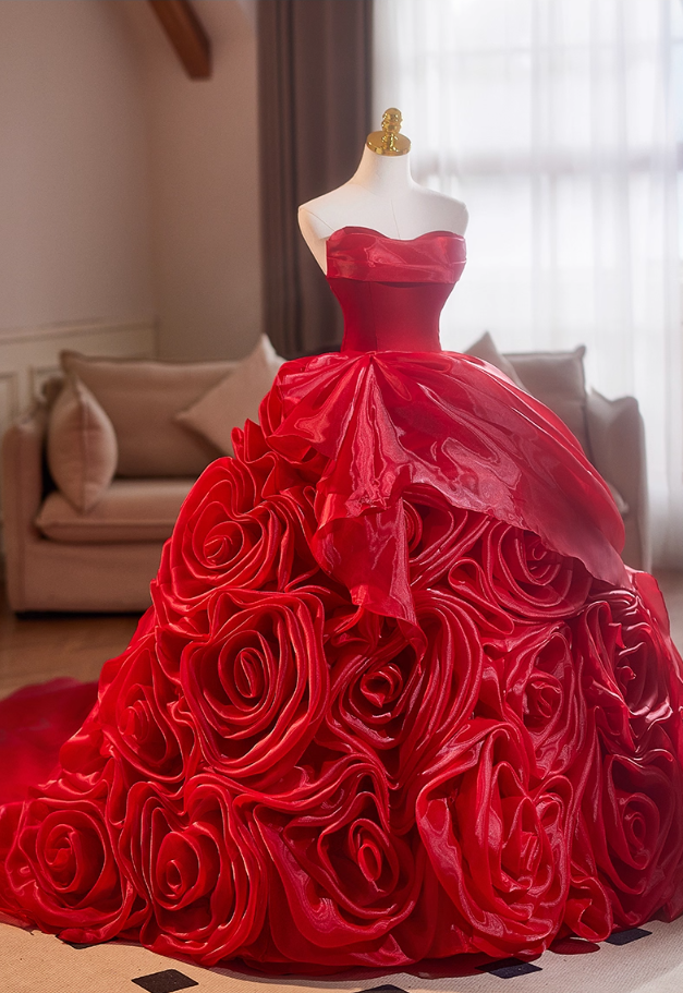 Ethereal Strapless A-Line Red Sweet 16th Gowns Handmade Flowers Prom Dress AP5111