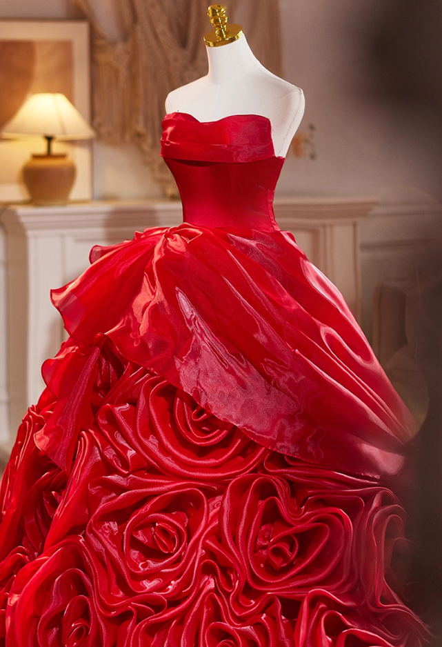 Ethereal Strapless A-Line Red Sweet 16th Gowns Handmade Flowers Prom Dress AP5111
