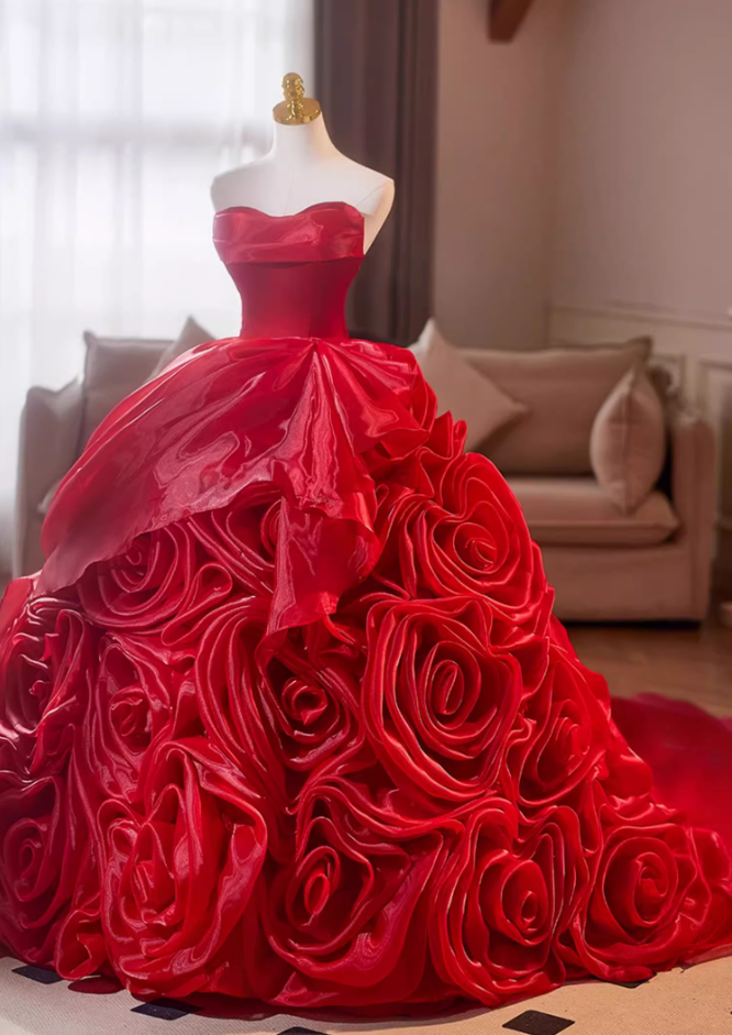 Ethereal Strapless A-Line Red Sweet 16th Gowns Handmade Flowers Prom Dress AP5111