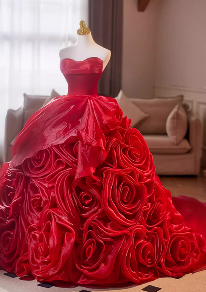Ethereal Strapless A-Line Red Sweet 16th Gowns Handmade Flowers Prom Dress AP5111