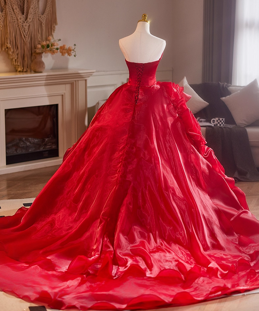Ethereal Strapless A-Line Red Sweet 16th Gowns Handmade Flowers Prom Dress AP5111