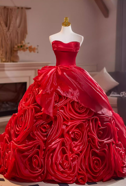 Ethereal Strapless A-Line Red Sweet 16th Gowns Handmade Flowers Prom Dress AP5111