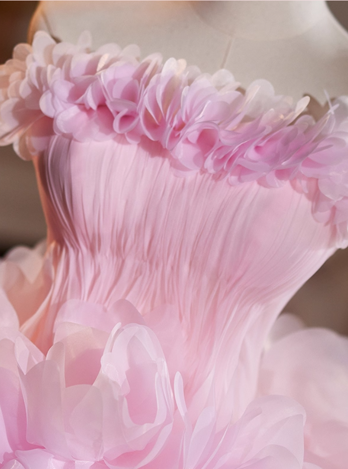 Voluminous Strapless A-Line Sweet 16th Gowns Handmade Flowers Pink Tulle Prom Dress AP5112
