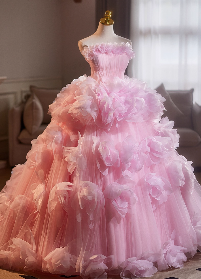 Voluminous Strapless A-Line Sweet 16th Gowns Handmade Flowers Pink Tulle Prom Dress AP5112