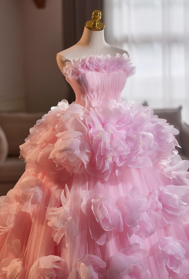 Voluminous Strapless A-Line Sweet 16th Gowns Handmade Flowers Pink Tulle Prom Dress AP5112