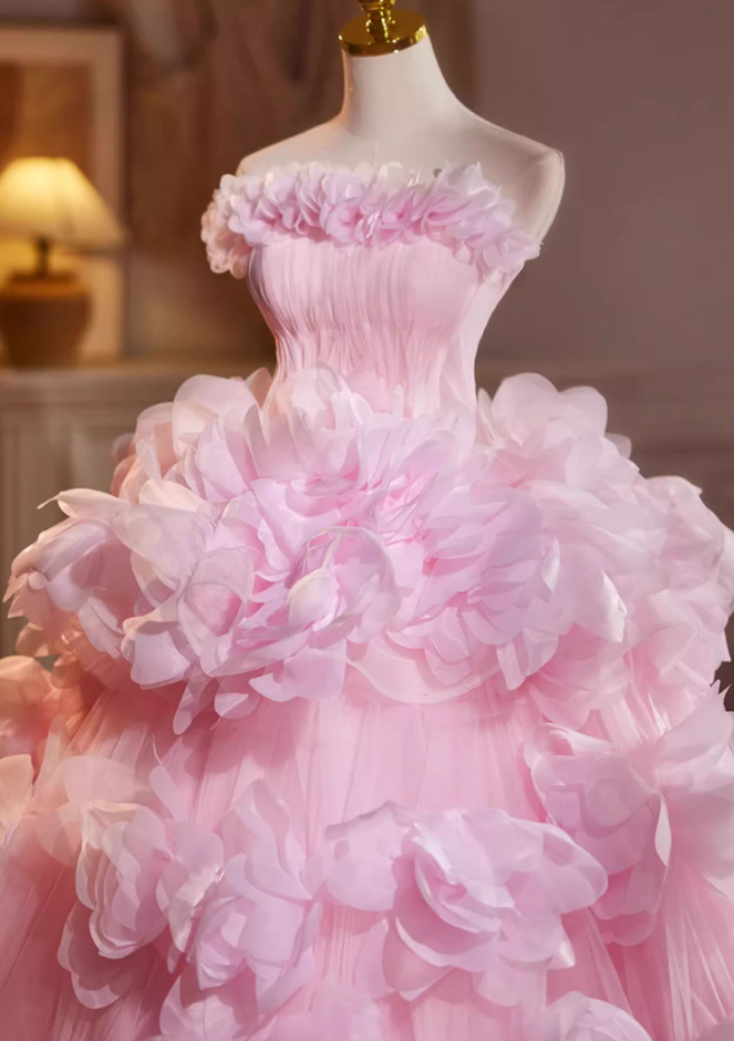 Voluminous Strapless A-Line Sweet 16th Gowns Handmade Flowers Pink Tulle Prom Dress AP5112