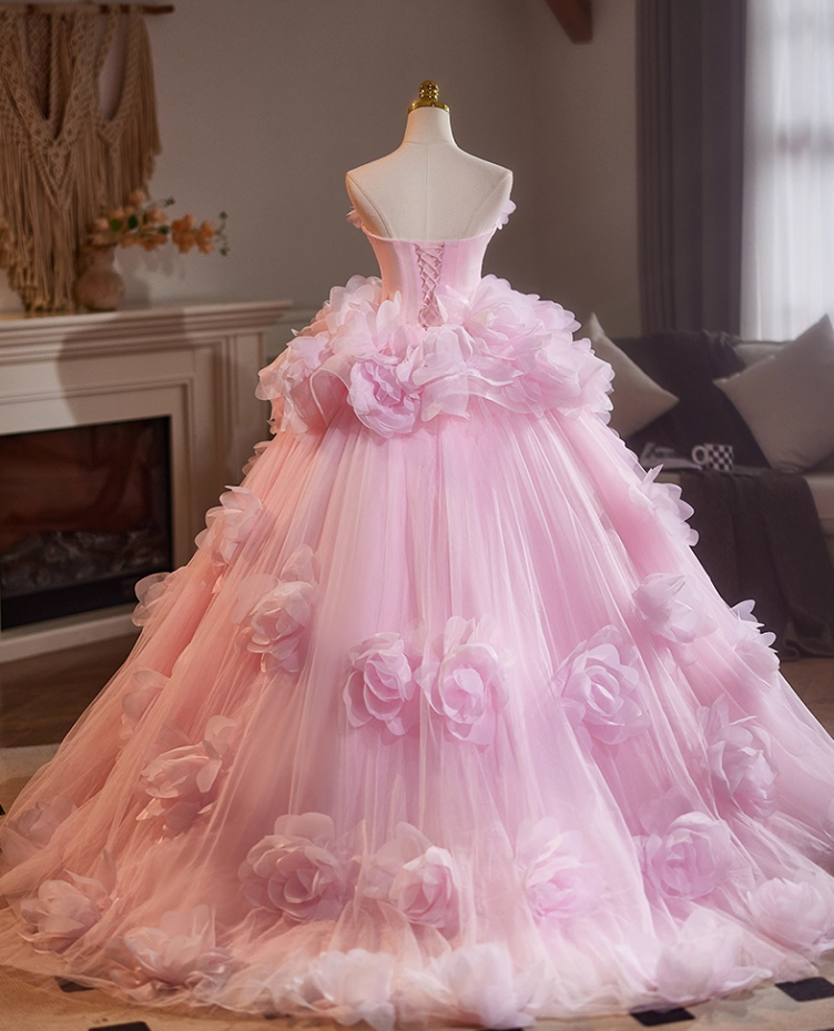 Voluminous Strapless A-Line Sweet 16th Gowns Handmade Flowers Pink Tulle Prom Dress AP5112