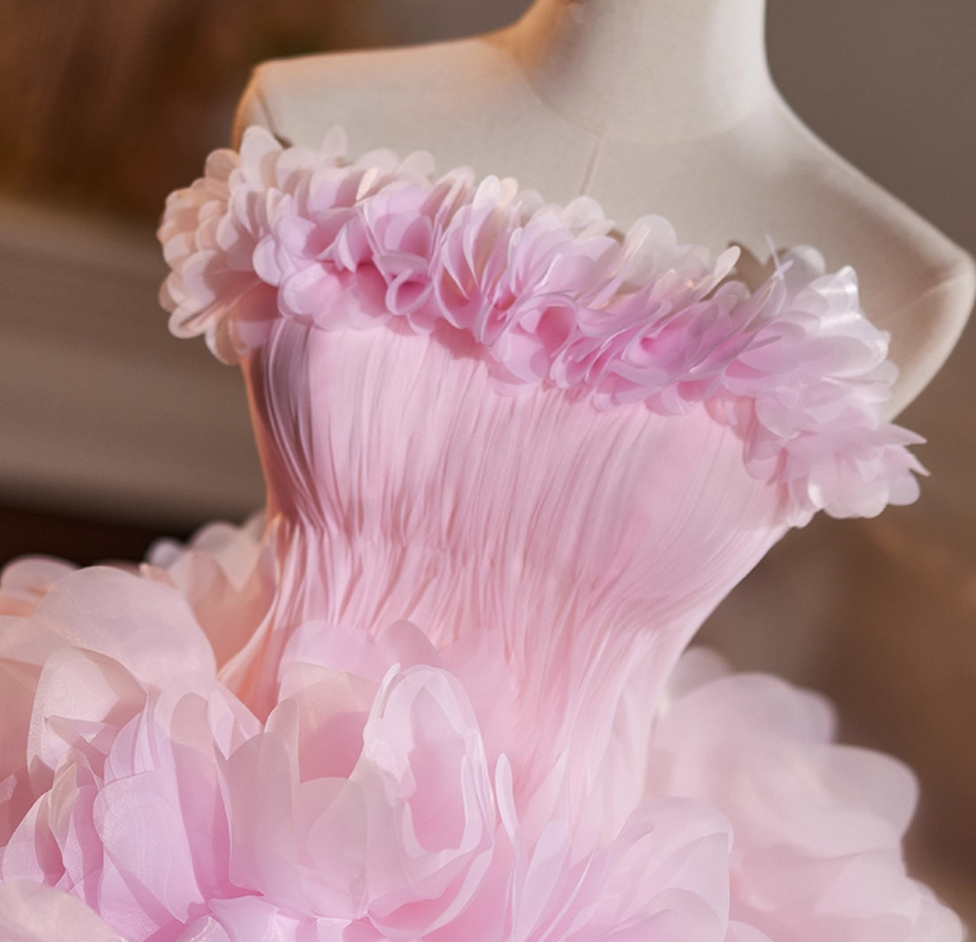 Voluminous Strapless A-Line Sweet 16th Gowns Handmade Flowers Pink Tulle Prom Dress AP5112