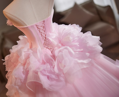 Voluminous Strapless A-Line Sweet 16th Gowns Handmade Flowers Pink Tulle Prom Dress AP5112