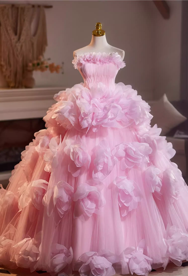 Voluminous Strapless A-Line Sweet 16th Gowns Handmade Flowers Pink Tulle Prom Dress AP5112