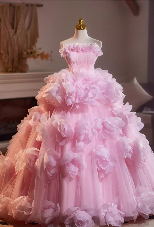 Voluminous Strapless A-Line Sweet 16th Gowns Handmade Flowers Pink Tulle Prom Dress AP5112