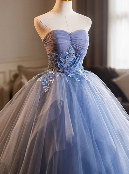 Sheen Strapless A-Line Sweet 16th Gowns Blue Tulle Appliques Beads Prom Dress AP5113