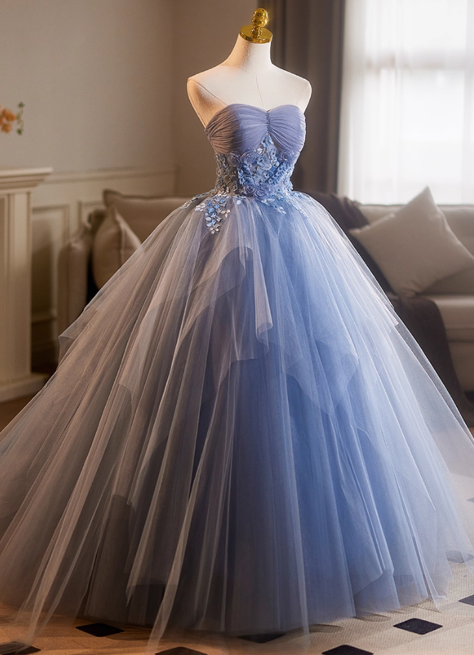 Sheen Strapless A-Line Sweet 16th Gowns Blue Tulle Appliques Beads Prom Dress AP5113