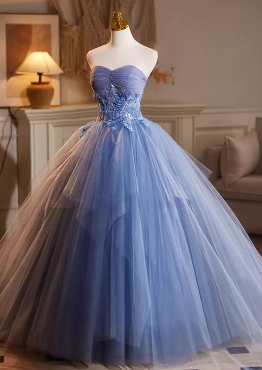 Sheen Strapless A-Line Sweet 16th Gowns Blue Tulle Appliques Beads Prom Dress AP5113