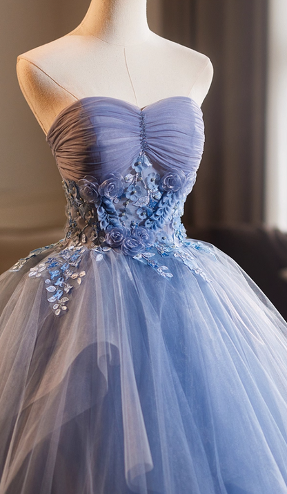 Sheen Strapless A-Line Sweet 16th Gowns Blue Tulle Appliques Beads Prom Dress AP5113