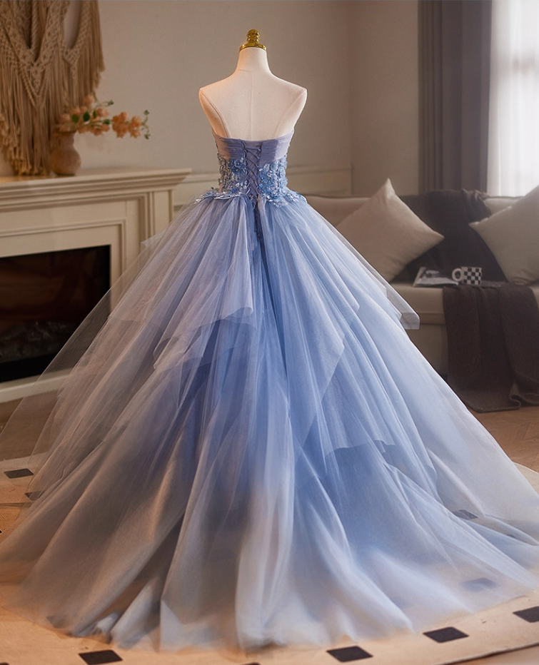 Sheen Strapless A-Line Sweet 16th Gowns Blue Tulle Appliques Beads Prom Dress AP5113