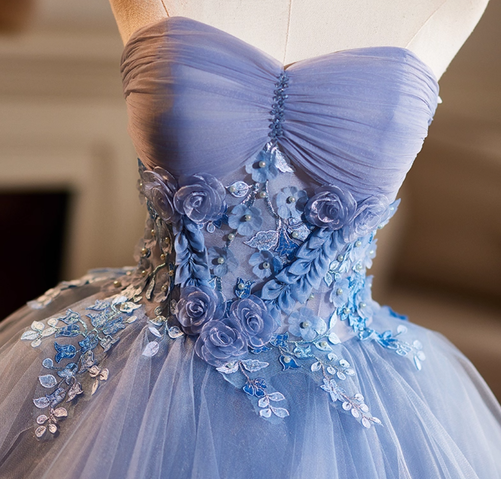 Sheen Strapless A-Line Sweet 16th Gowns Blue Tulle Appliques Beads Prom Dress AP5113
