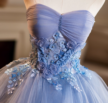 Sheen Strapless A-Line Sweet 16th Gowns Blue Tulle Appliques Beads Prom Dress AP5113