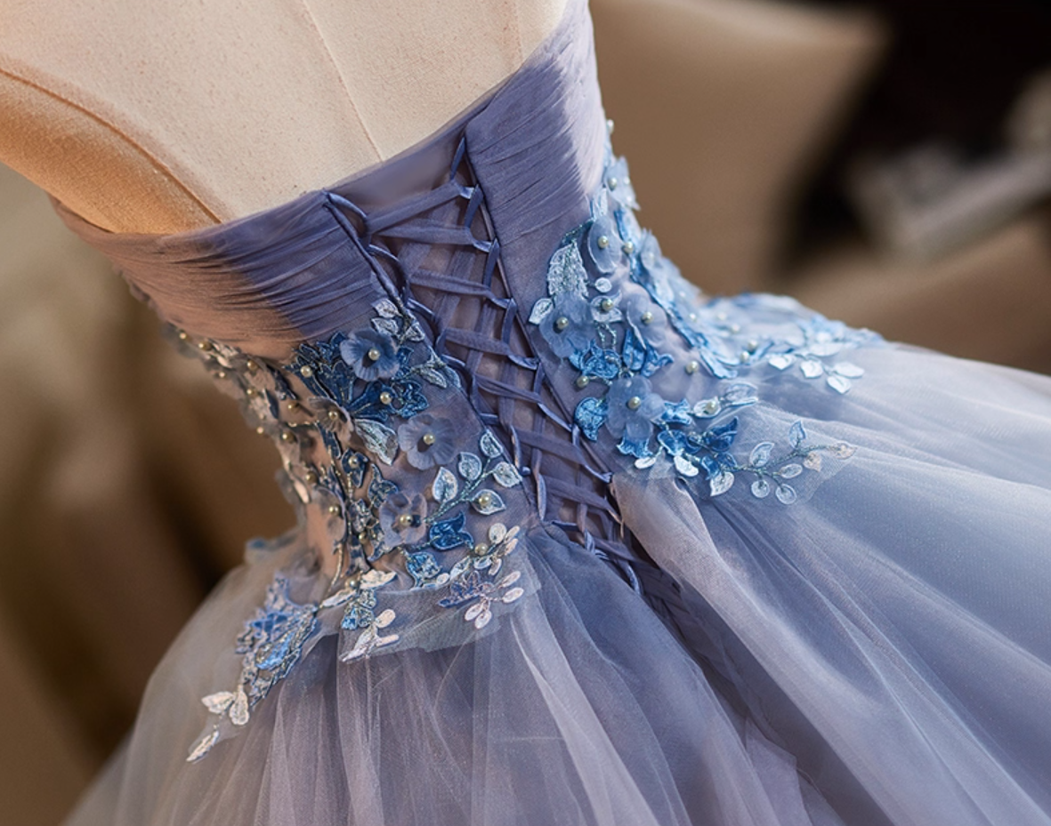 Sheen Strapless A-Line Sweet 16th Gowns Blue Tulle Appliques Beads Prom Dress AP5113