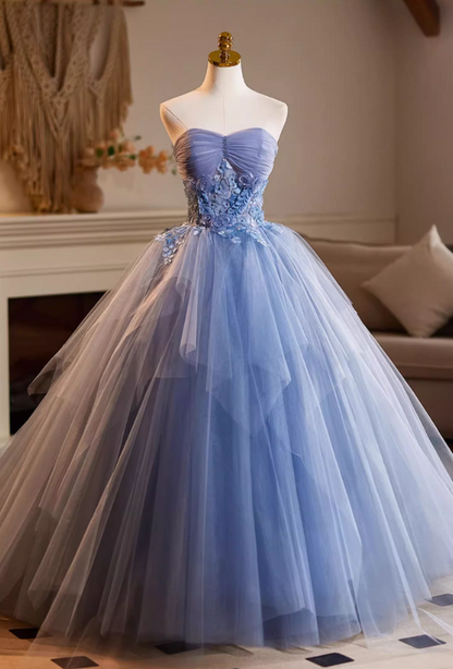 Sheen Strapless A-Line Sweet 16th Gowns Blue Tulle Appliques Beads Prom Dress AP5113