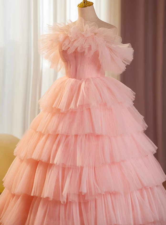 Gorgeous Strapless A-Line Tiered Sweet 16th Gowns Pink Tulle Prom Dress AP5115