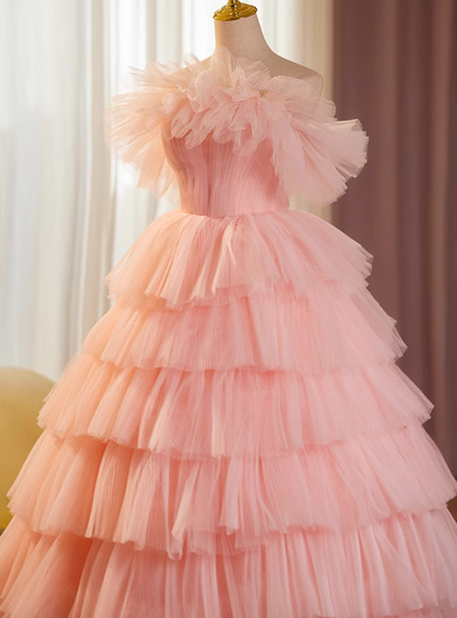 Gorgeous Strapless A-Line Tiered Sweet 16th Gowns Pink Tulle Prom Dress AP5115