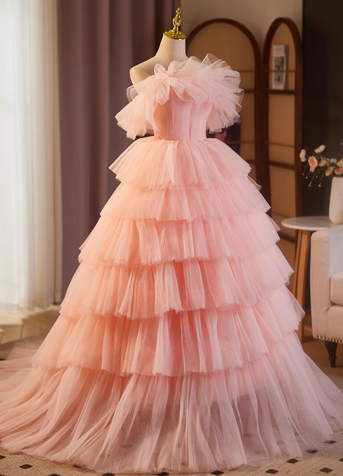 Gorgeous Strapless A-Line Tiered Sweet 16th Gowns Pink Tulle Prom Dress AP5115
