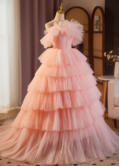 Gorgeous Strapless A-Line Tiered Sweet 16th Gowns Pink Tulle Prom Dress AP5115