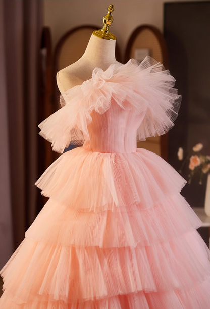 Gorgeous Strapless A-Line Tiered Sweet 16th Gowns Pink Tulle Prom Dress AP5115
