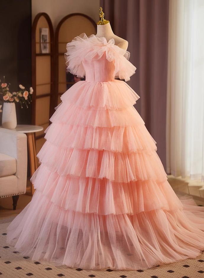 Gorgeous Strapless A-Line Tiered Sweet 16th Gowns Pink Tulle Prom Dress AP5115