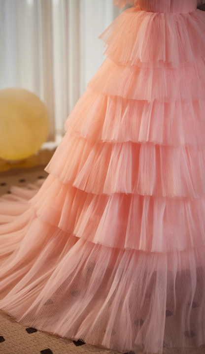 Gorgeous Strapless A-Line Tiered Sweet 16th Gowns Pink Tulle Prom Dress AP5115